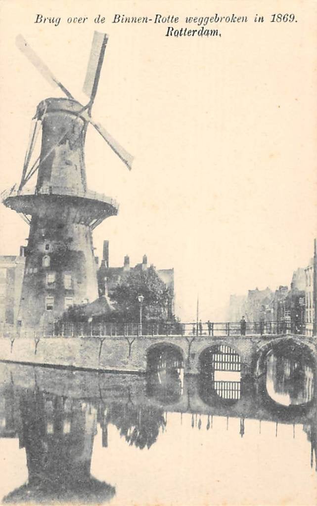 Rotterdam De Blaauwe Molen Brug Binnenrotte weggebroken 1869, Ophalen of Verzenden, Voor 1920, Zuid-Holland