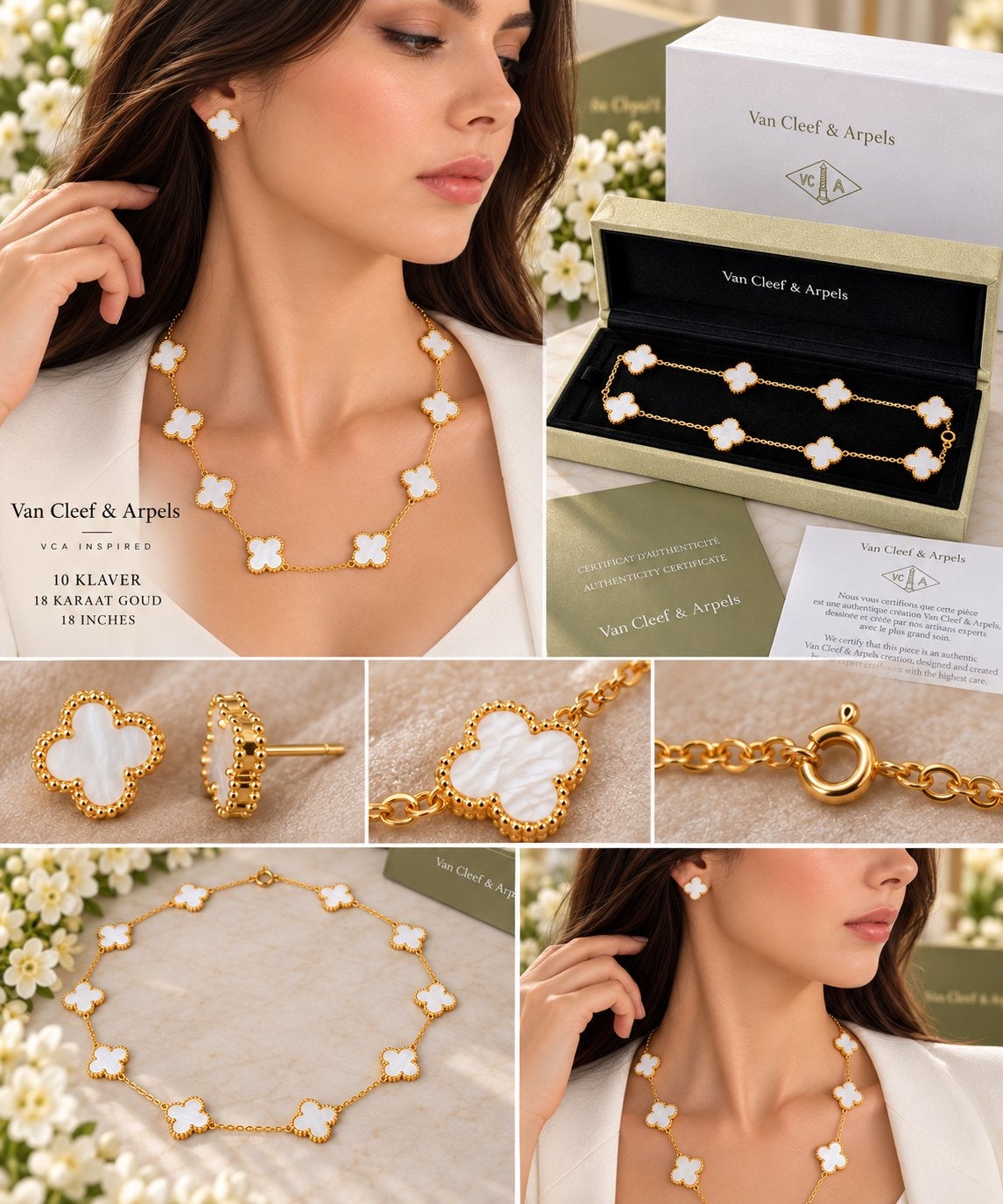 Mooi VCA Inspired 10 Klaver Ketting  wit– 18 Karaat Goud, Ophalen of Verzenden, Nieuw, Goud