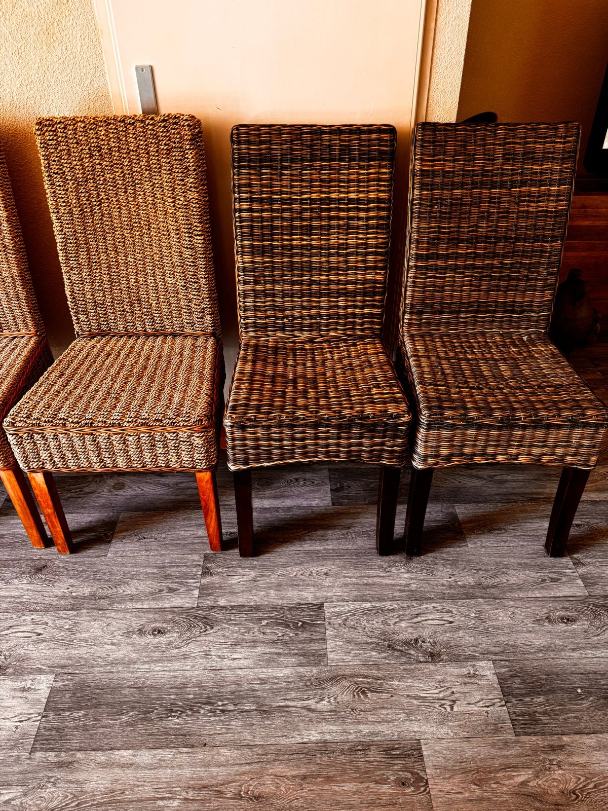Set van 6 rieten eetkamerstoelen, Ophalen, Gebruikt, Bruin, Riet of Rotan