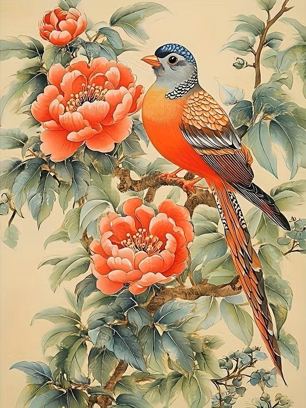40x30cm Diamond Painting vogels bloemen (vierkant) nr 170, Hobby en Vrije tijd, Knutselen, Verzenden, Oranje, Nieuw, Overige materialen