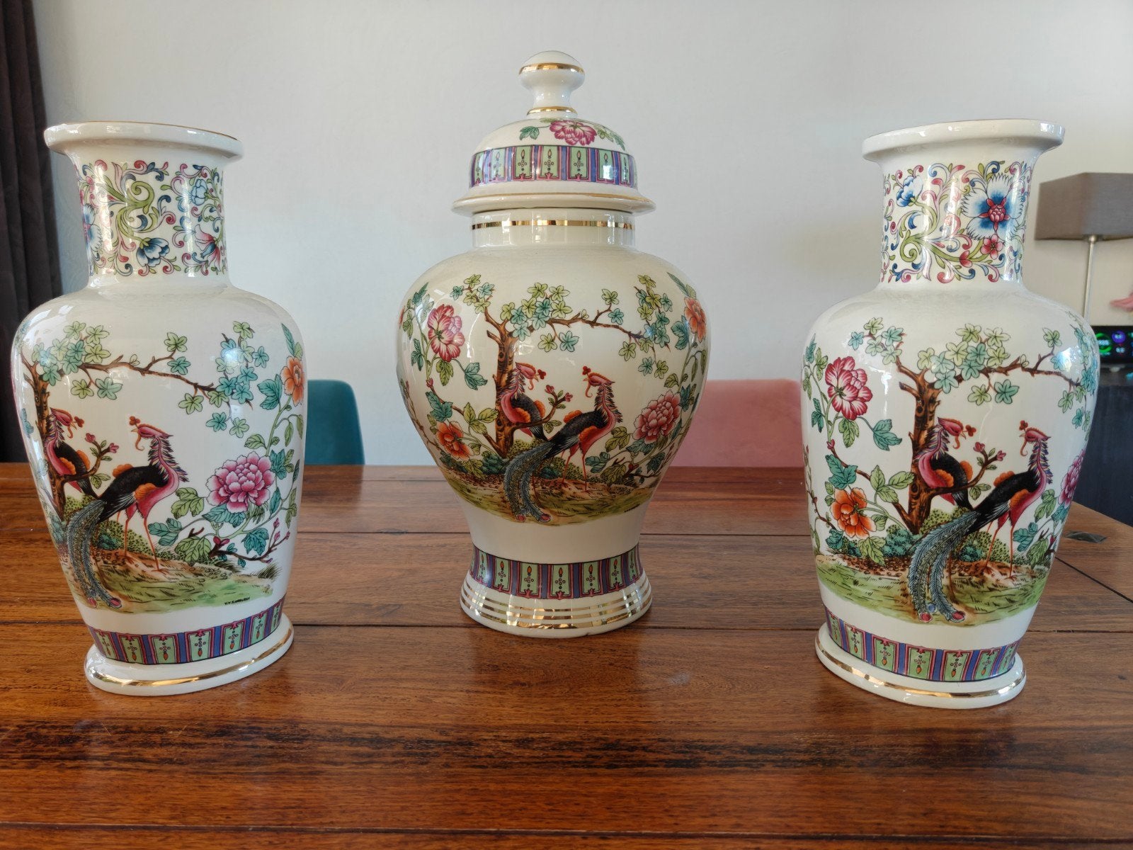 Set van 3 Chinese vazen met pauwen en bloemmotief, Ophalen