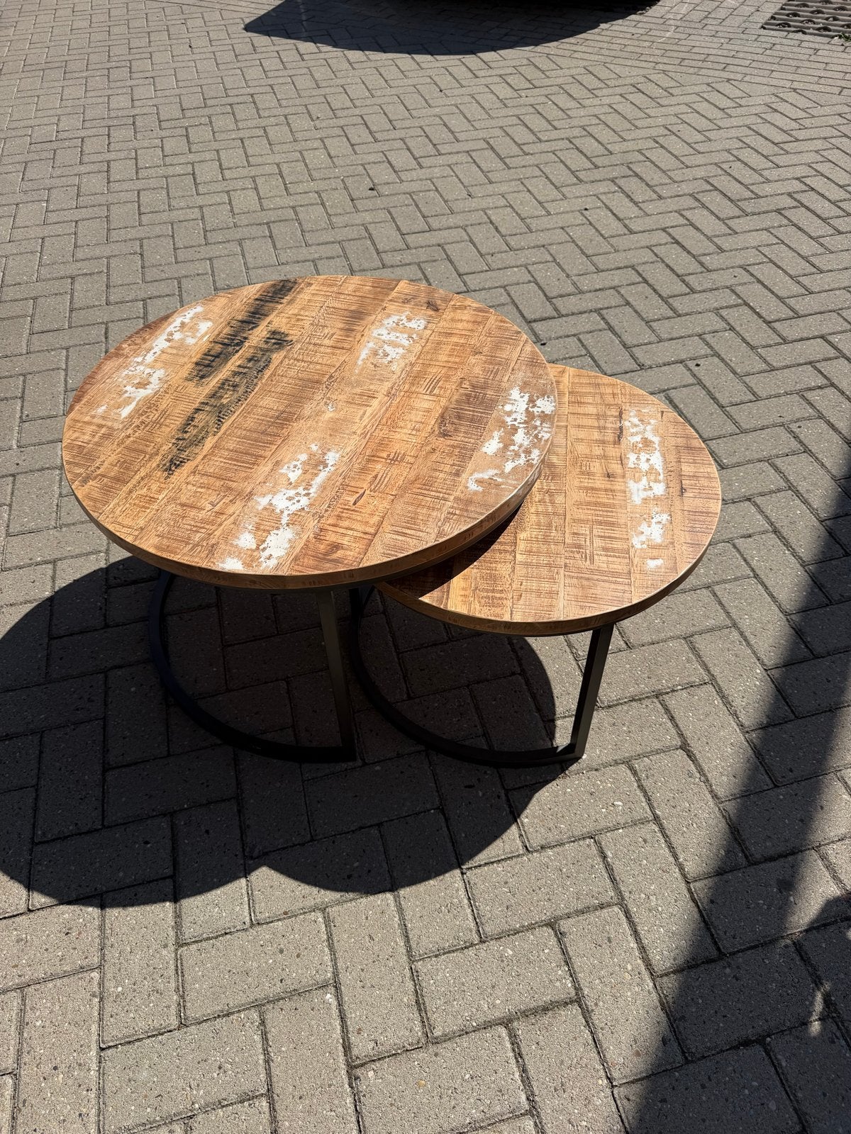 Complete set: Steelwood Oriental Wood eettafel, bijzettafels, Ophalen, 100 tot 150 cm, Rond, Zo goed als nieuw