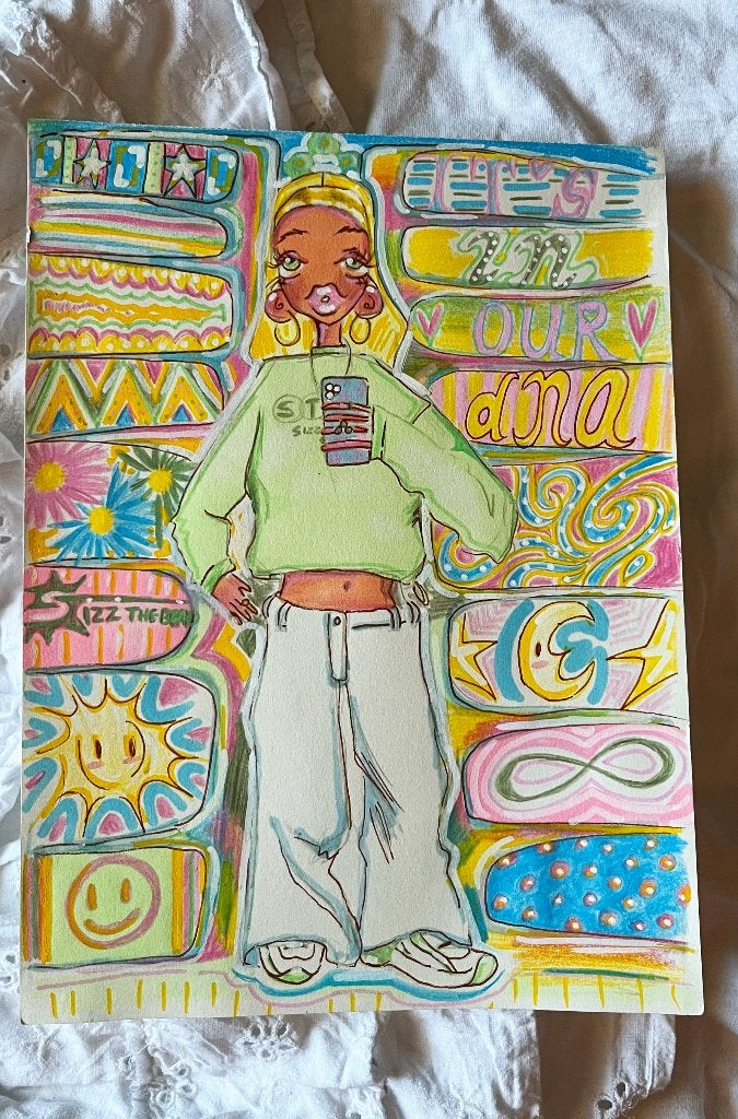 originele illustratie kunstwerk "Fashion girlie" , 2026, Antiek en Kunst, Ophalen of Verzenden, Tekening, Gemengde techniek, Handgemaakt