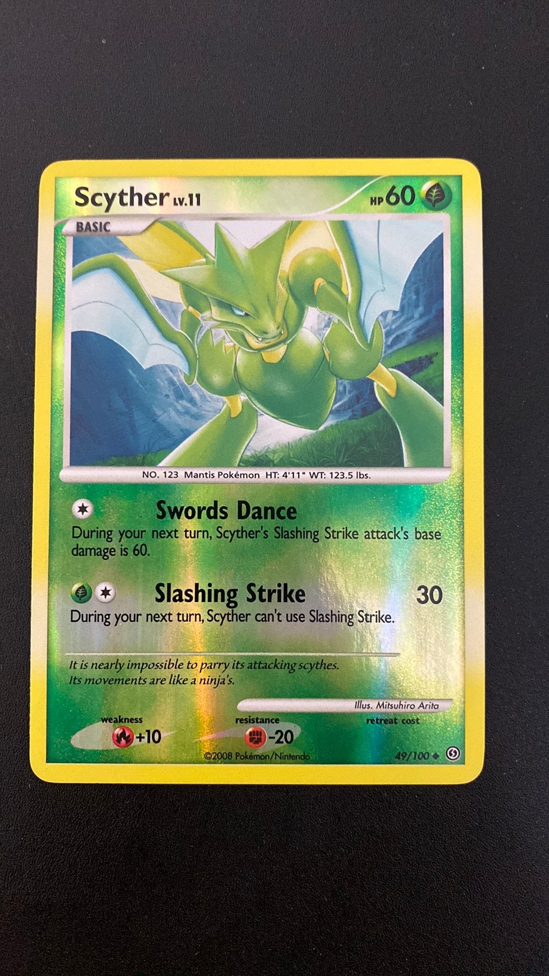 Pokemon scyther lv 11 stormfront 49 reverse holo, Hobby en Vrije tijd, Ophalen of Verzenden, Gebruikt, Losse kaart