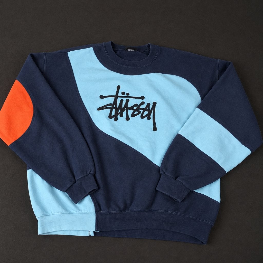 Stussy Reworked Sweater - Navy/Lichtblauw/Oranje - Maat XL, Kleding | Heren, Blauw, Stussy, Maat 56/58 (XL), Ophalen of Verzenden