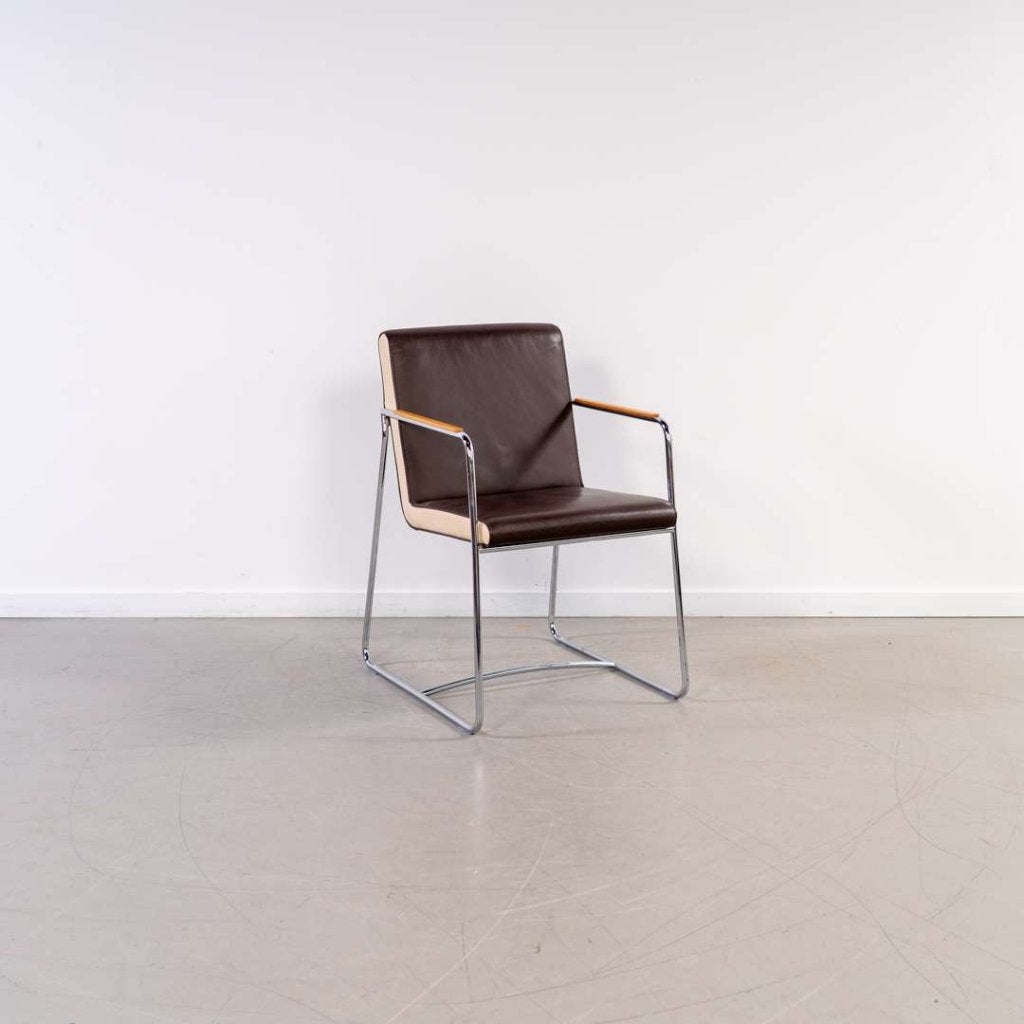 1x Leolux Spring (Eetkamer) Stoel Bruin/Beige Leer – Chroom