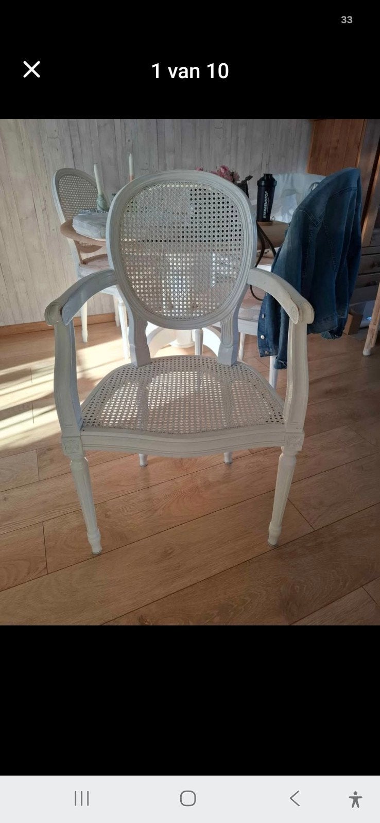Brocante eetkamer stoelen, 4 stuks, met kussens, Huis en Inrichting, Stoelen, Ophalen, Gebruikt, Overige kleuren, Vier