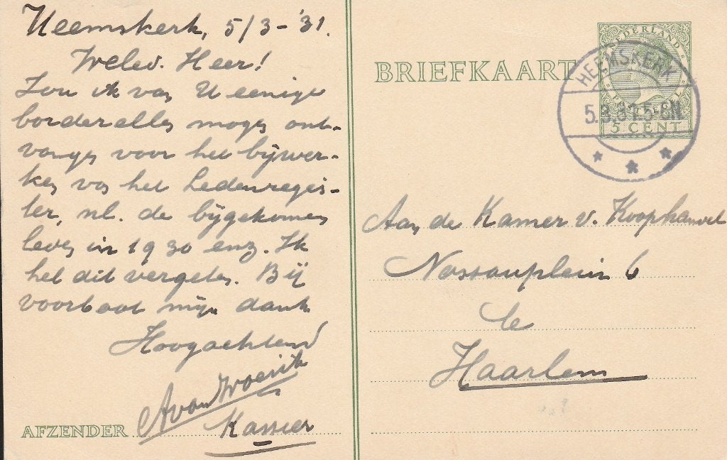 HEEMSKERK 1931 A VAN woezik KASSIER, Verzenden, Voor 1920, Gelopen, Noord-Holland