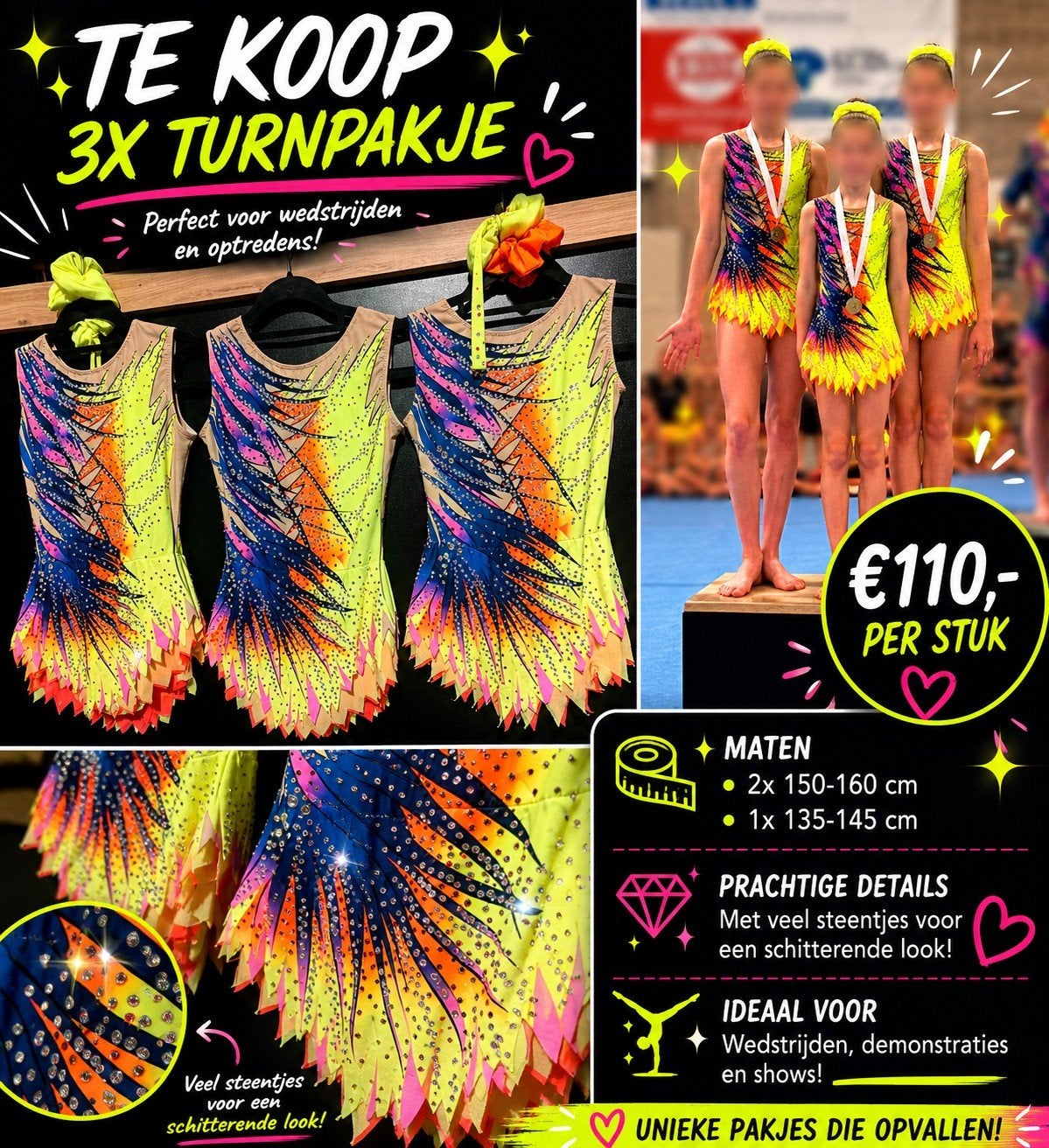 Prachtige Acro/Turnpakjes Trio met Glitters, Geel, Overige typen, Ophalen of Verzenden, Zo goed als nieuw