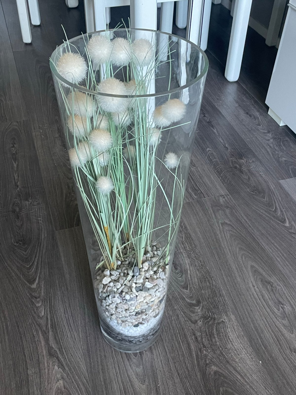Grote glazen vaas met decoratieve droogbloemen en stenen, Ophalen, Transparant, Inclusief decoratie, Glas