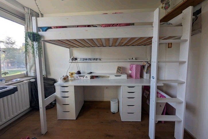 Ikea Hoogslaper 90x200 met Bureau en 2x Alex Ladeblok, Ophalen, Gebruikt, Eenpersoons, 200 cm