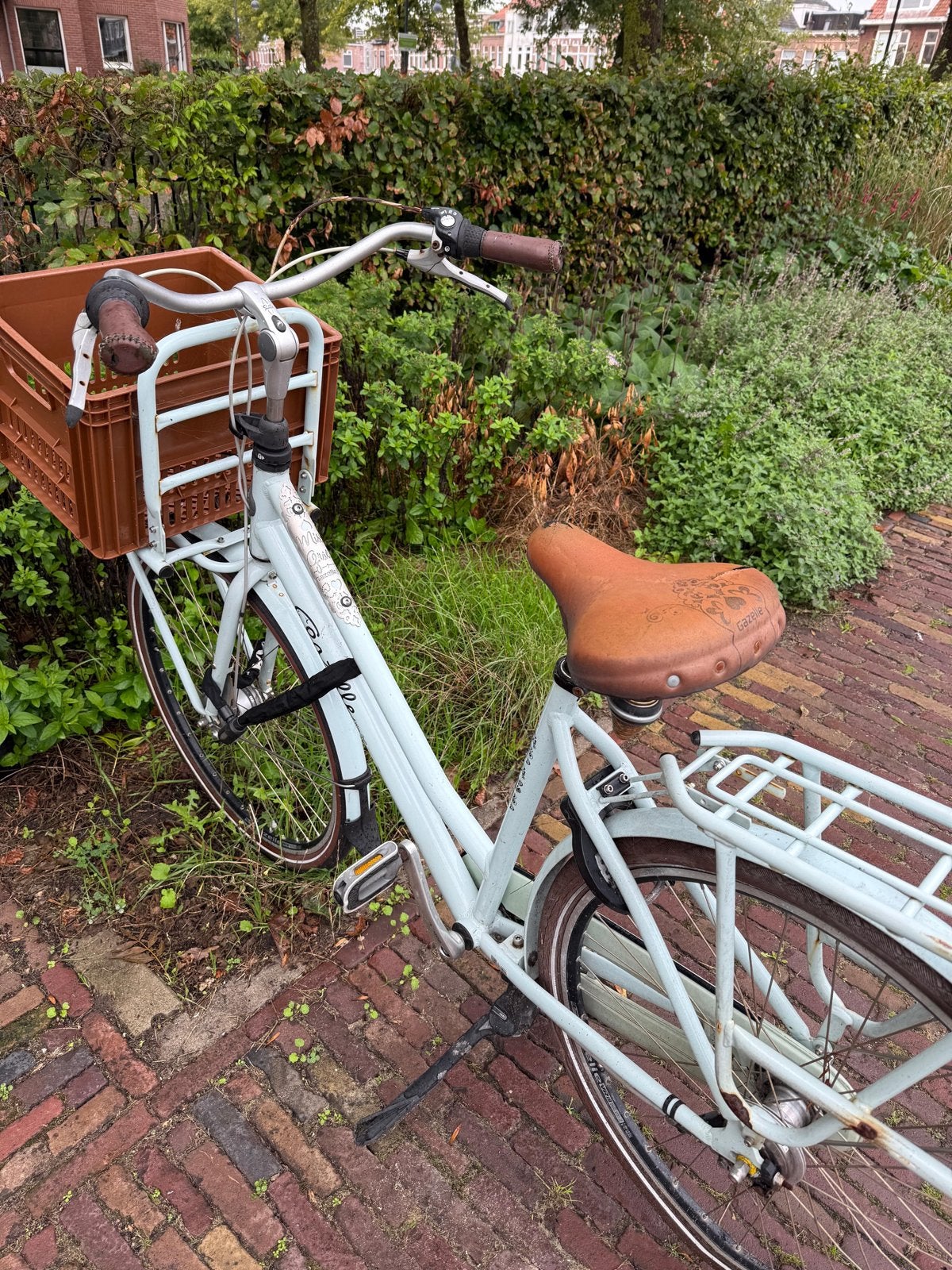 Gazelle transportfiets met krat - lichtblauw, Ophalen, Gebruikt, Versnellingen, 50 tot 53 cm