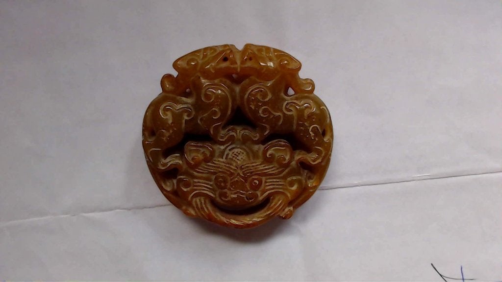 Chinees Amulet met Twee Bixie Draken, 56x54mm, Bruin, Overige typen, Ophalen of Verzenden, Gesneden