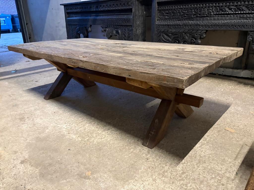 Stoere “truckwood” tafel van oud hout, Ophalen, 100 tot 150 cm, Teakhout, 50 tot 100 cm