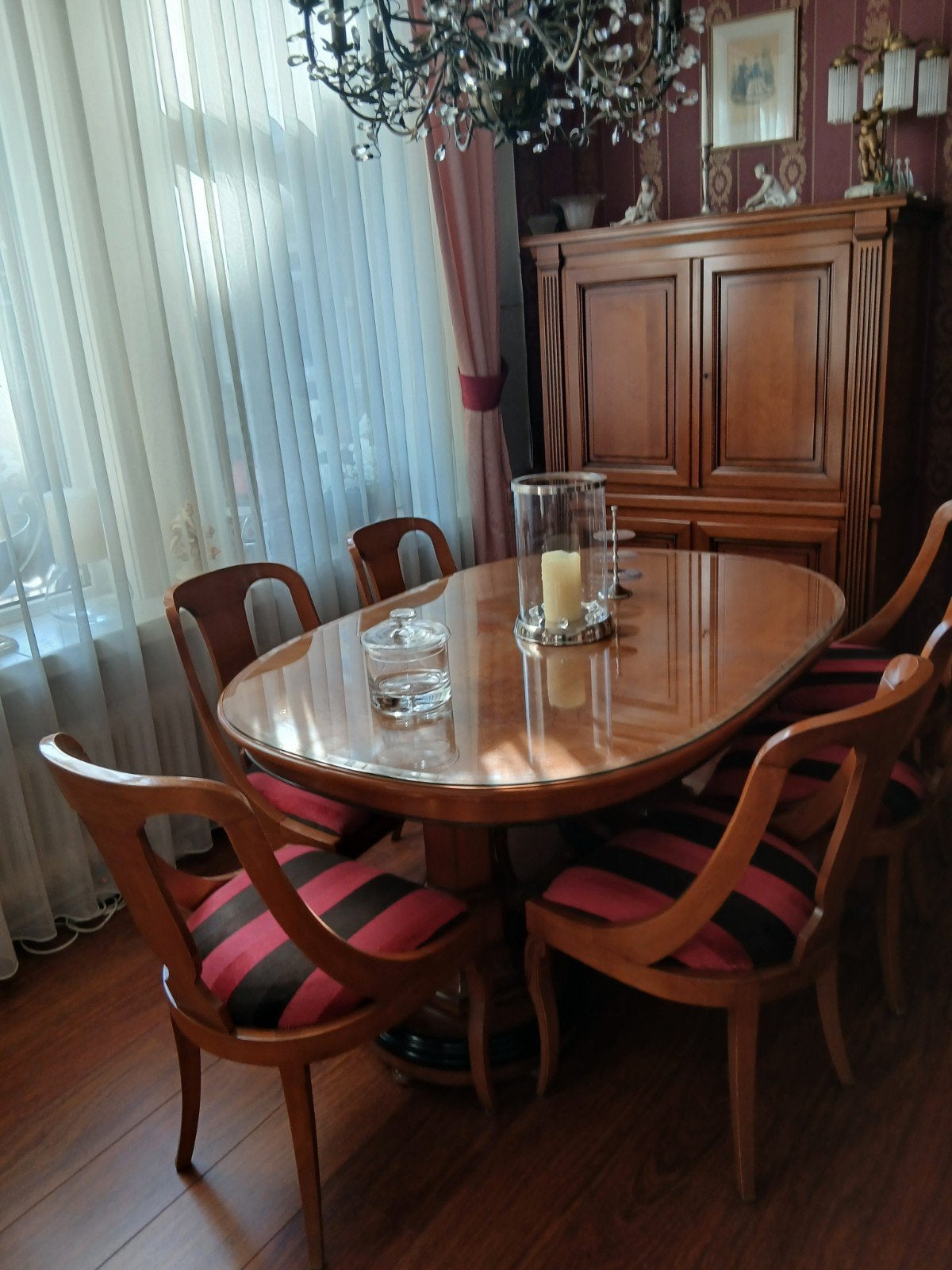 Luxe uitschuifbare eettafel met 6 stoelen – glasplaat – gepo, Ophalen, Gebruikt, 4 tot 6 stoelen