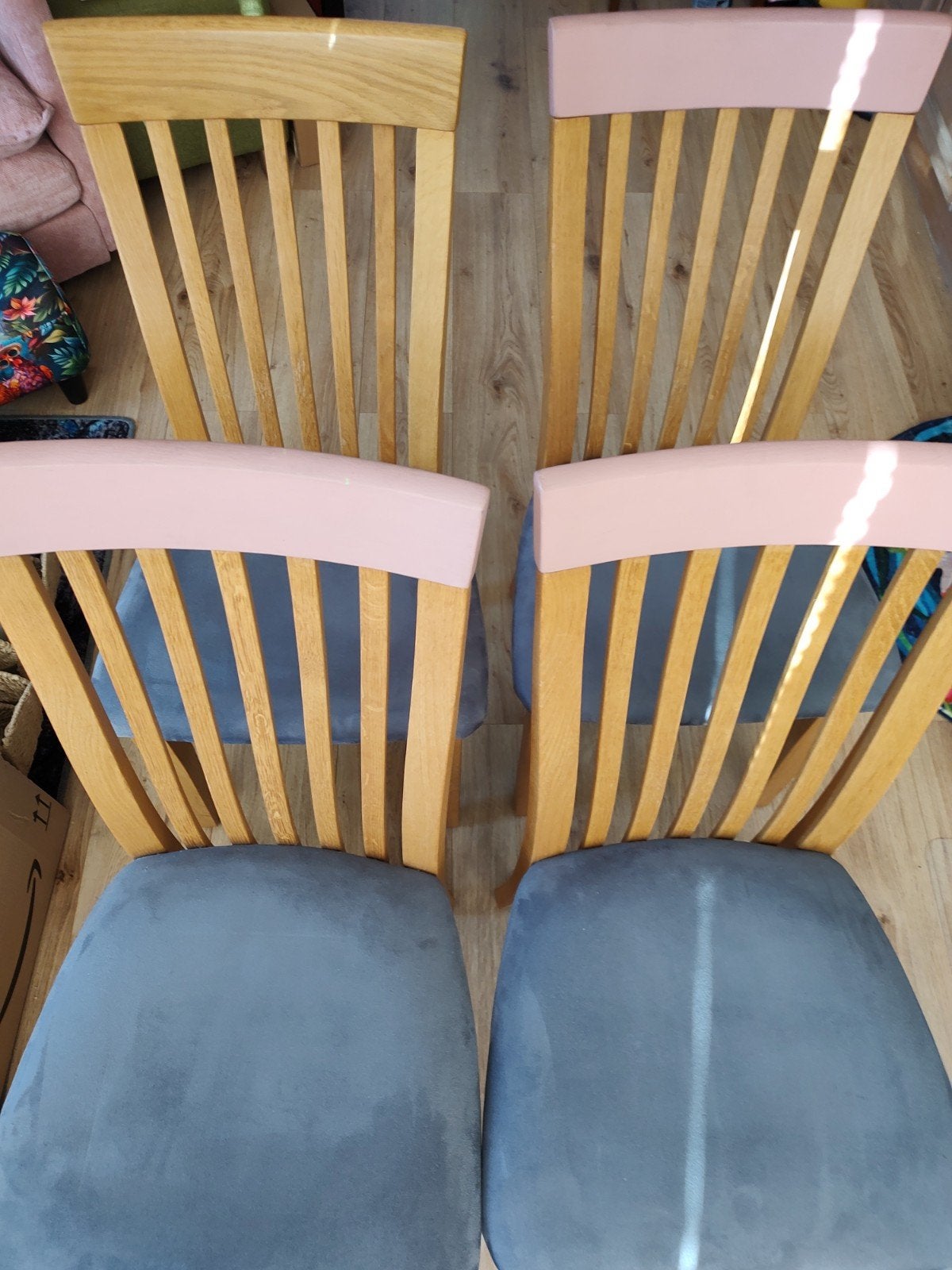 Set van 4 eiken houten eetkamerstoelen, stoffen zitting, Ophalen, Overige kleuren, Modern klassiek, Zo goed als nieuw