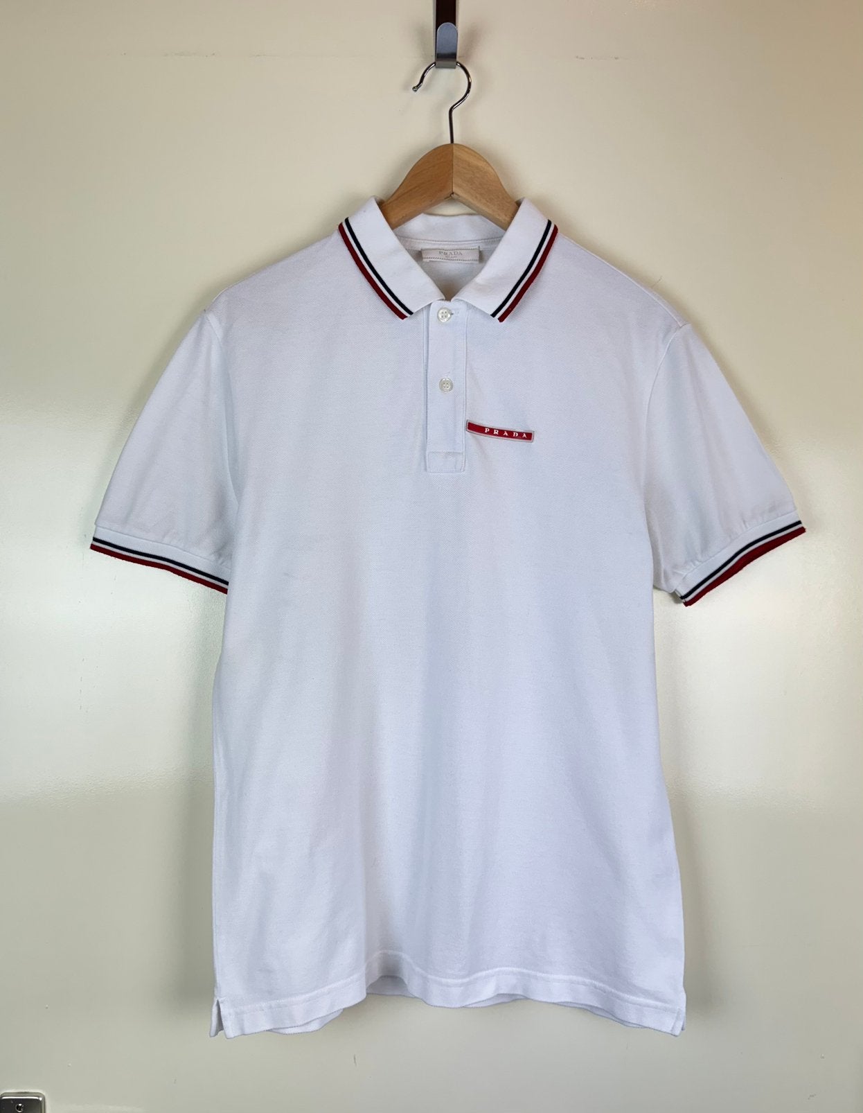 PRADA Polo T-shirt White Cotton Logo Rubber Patch Vintage M, Ophalen of Verzenden, Zo goed als nieuw, Maat 48/50 (M), Wit