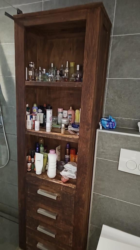 Teak badkamerkast met lades en open schappen, Huis en Inrichting, Badkamer | Badkamermeubels, Ophalen of Verzenden