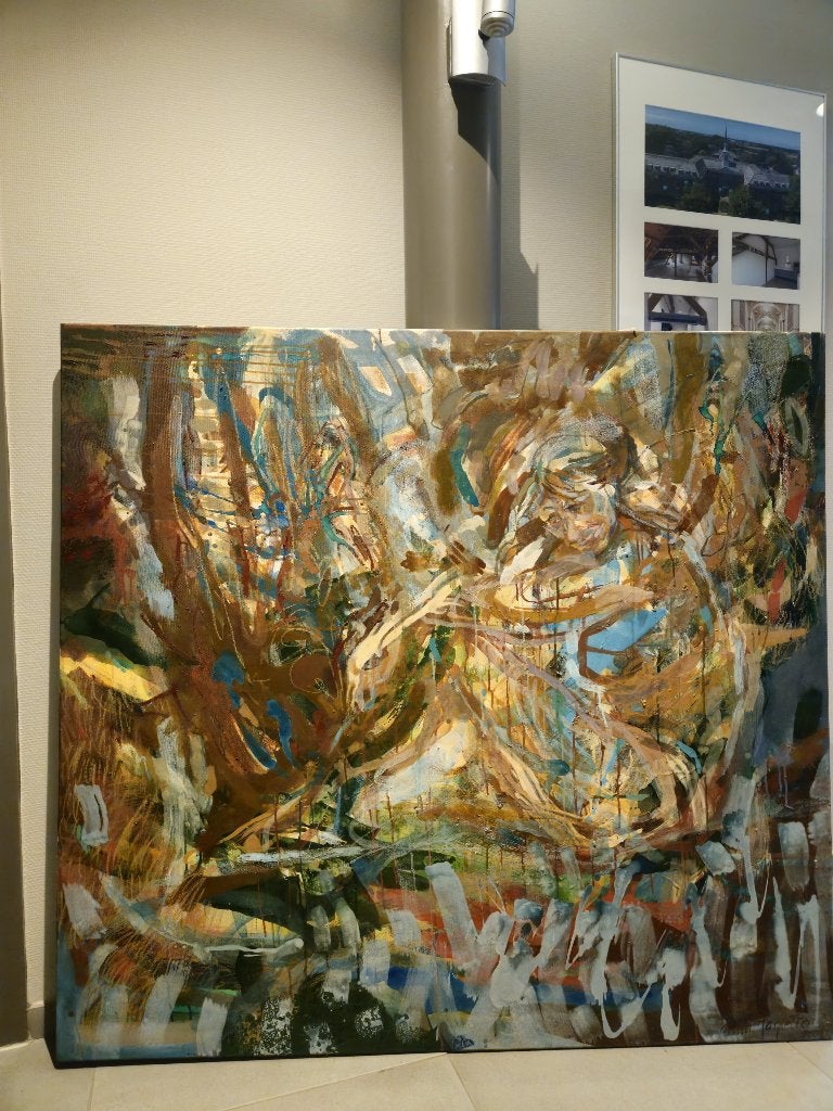 Groot kleurrijk abstract schilderij – 130 x 140 cm, Antiek en Kunst, Kunst | Schilderijen | Modern, Ophalen of Verzenden, Op houten frame
