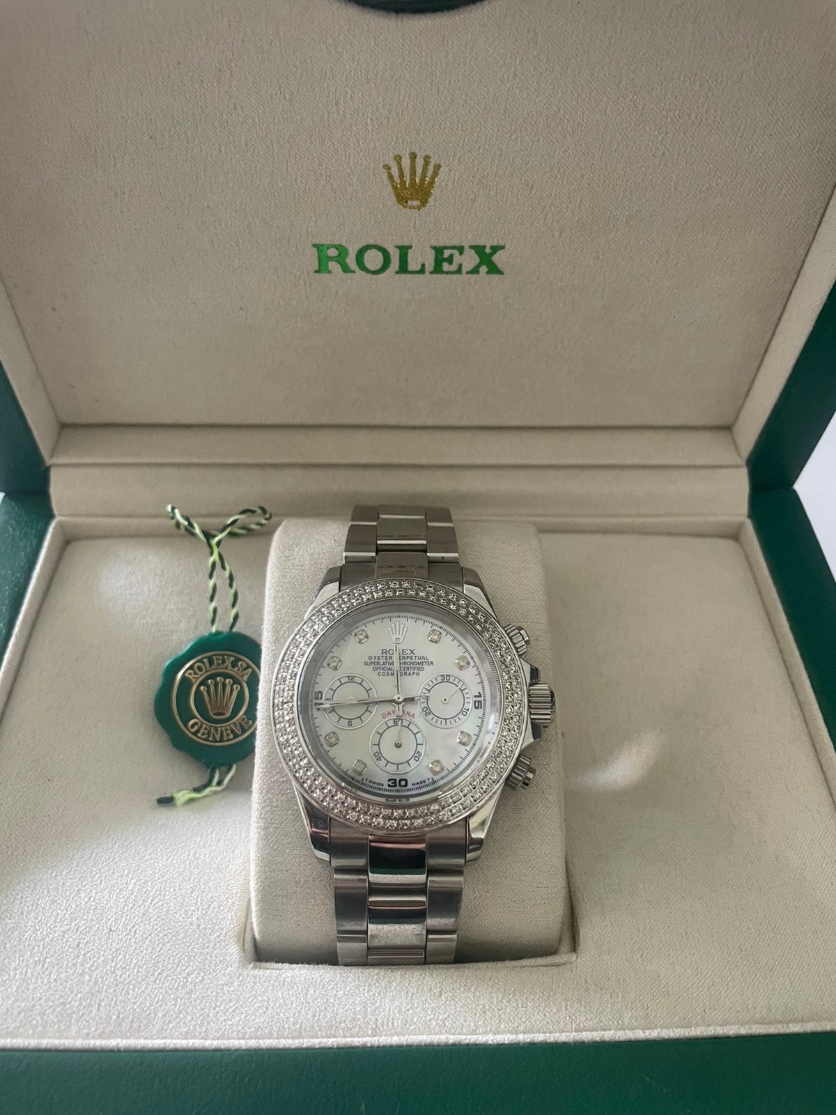 Rolex Daytona Wit Diamanten Bezel met Box, Overige merken, Staal, Met bandje, Polshorloge