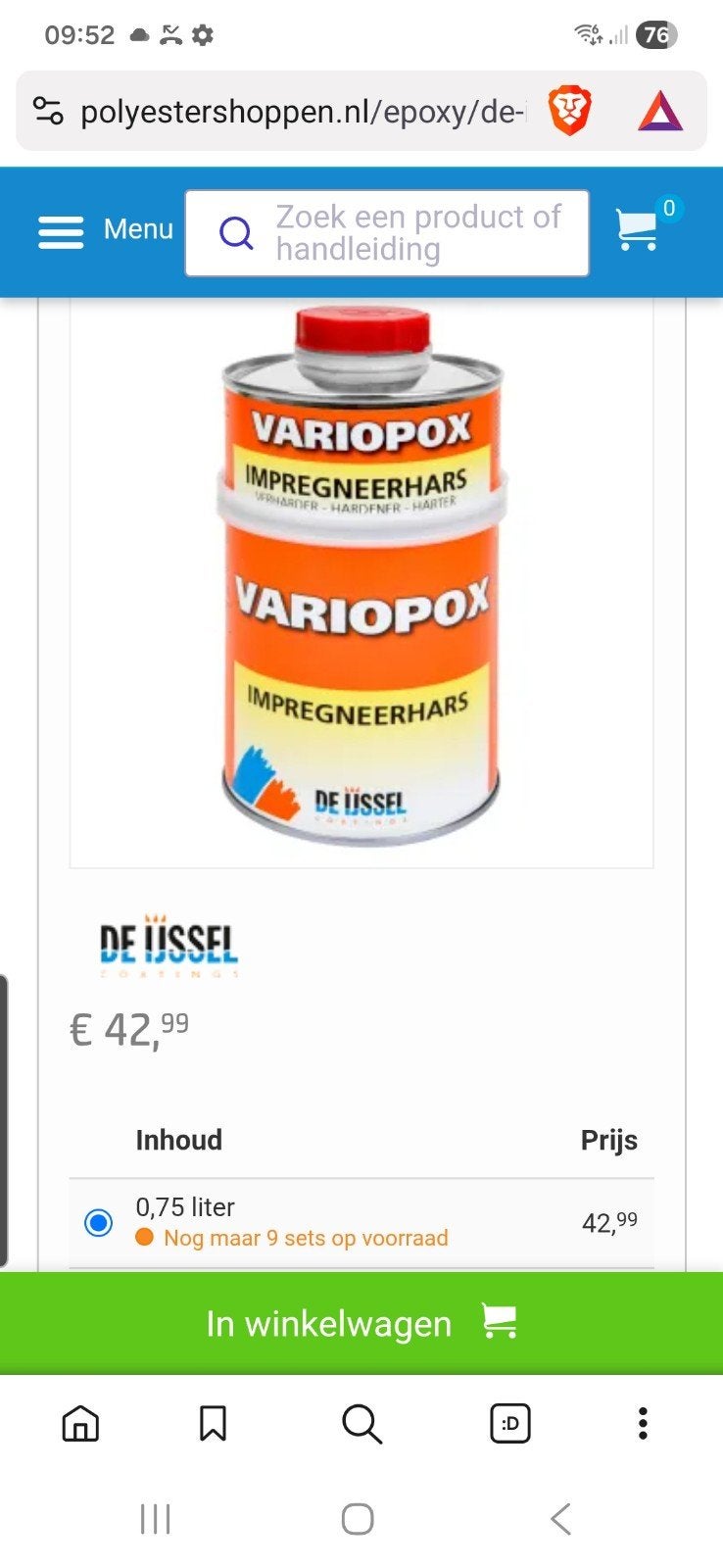 nieuw blik 750ml, de ijssel impregneer epoxy hars, Ophalen of Verzenden, Nieuw, Wit
