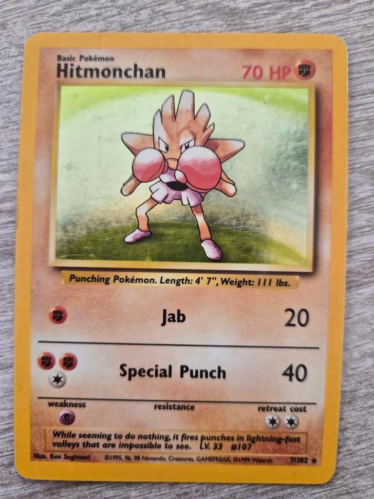 Hitmonchan holo base set 7/102, Ophalen of Verzenden, Zo goed als nieuw, Losse kaart, Foil