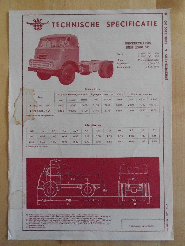 DAF 2300 DO Technische Specificatie Brochure 1963 2300DO, Ophalen of Verzenden, Zo goed als nieuw, Overige merken, DAF