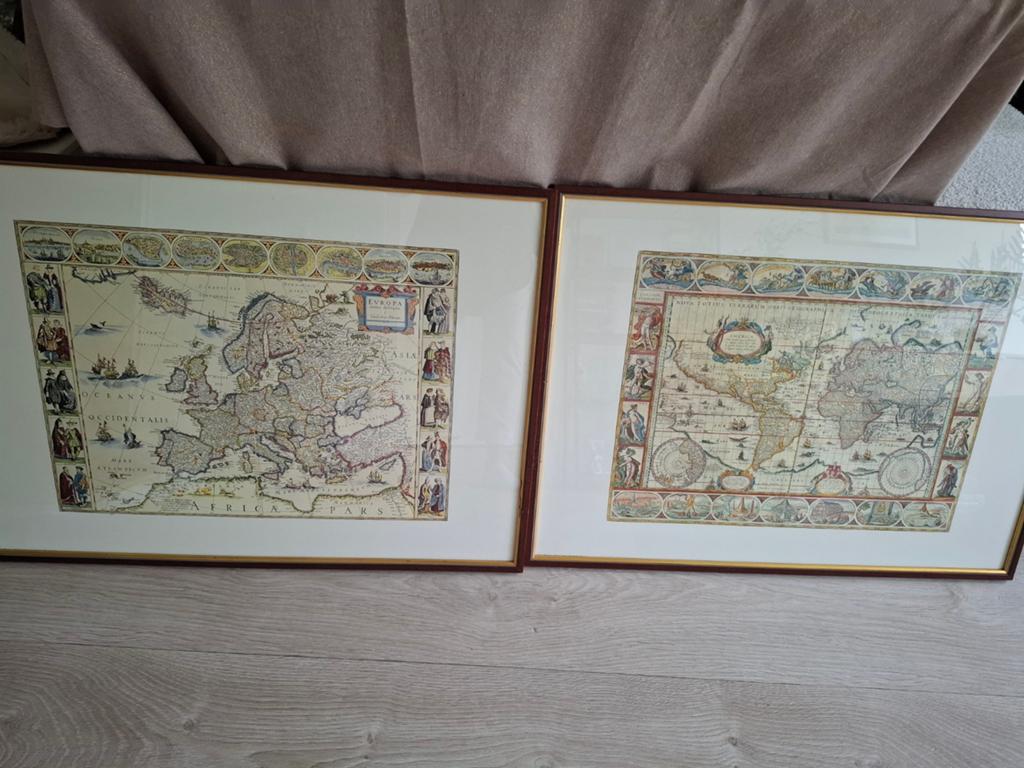 Set van 2 ingelijste repro kaarten: Europa & Wereld, Ophalen, 1800 tot 2000, Wereld, Guilielmo Blaeu