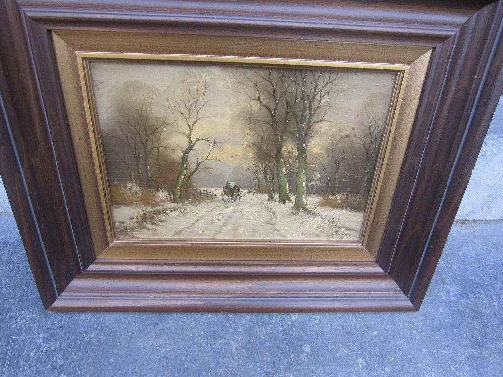 Mooi gesigneerd Winters schilderijtje m/e Karretje op de weg, Antiek en Kunst, Kunst | Schilderijen | Klassiek, Ophalen of Verzenden