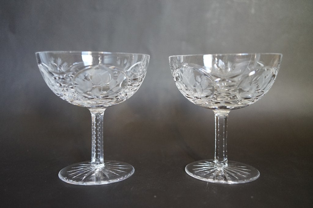 vintage geslepen kristal coupe champagne glas 2x roos ster, Ophalen of Verzenden