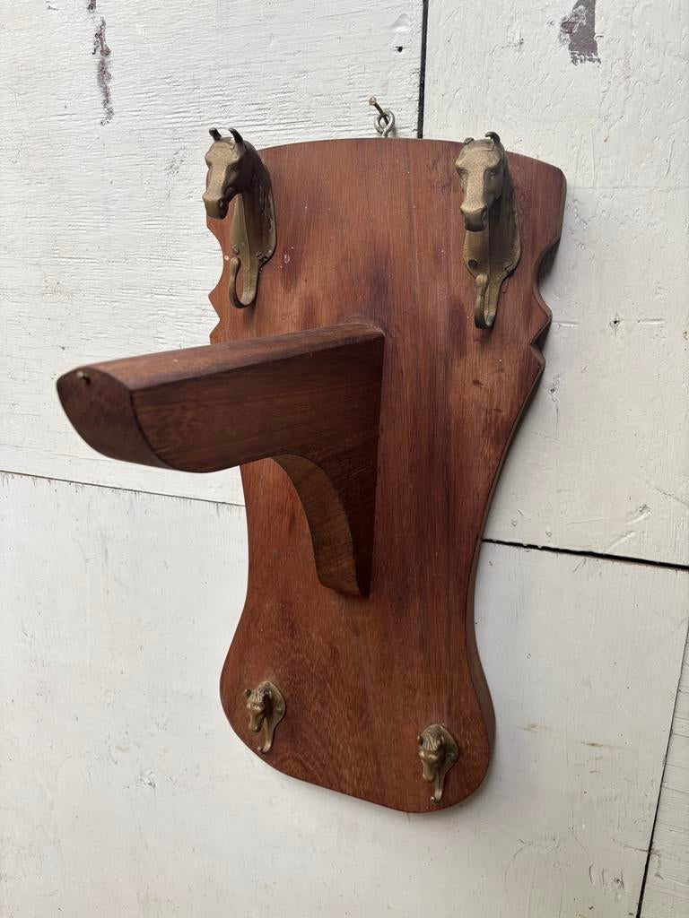 Oud houten tuigrek / kapstok met paardenkop haakjes, Ophalen of Verzenden, Gebruikt, Overige soorten