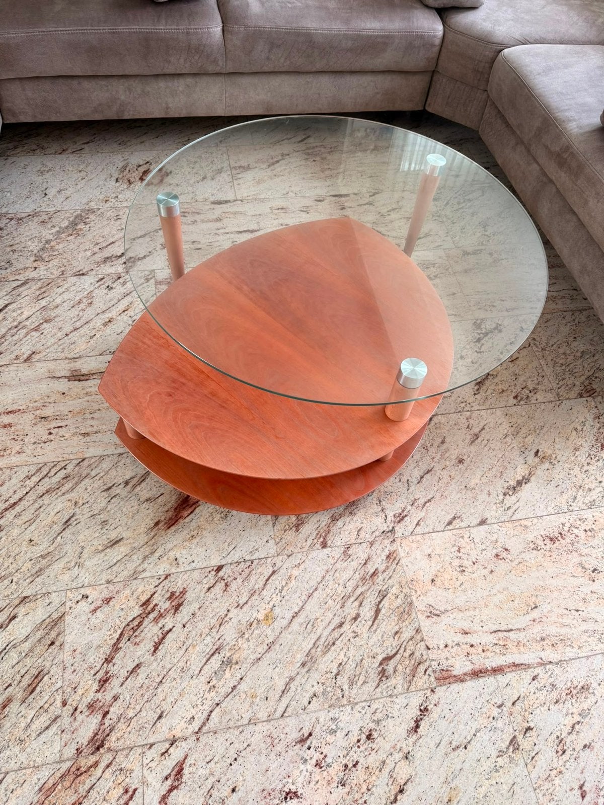 Moderne salontafel met glas en hout, Ophalen, 50 – 75, Gebruikt, 50 tot 100 cm