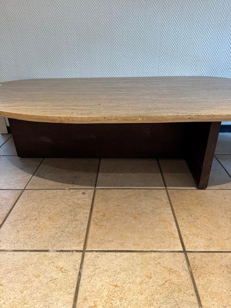 Salontafel travertin donkerbruin houten onderstel, Huis en Inrichting, Tafels | Salontafels, Ophalen, Japandi, Overige materialen