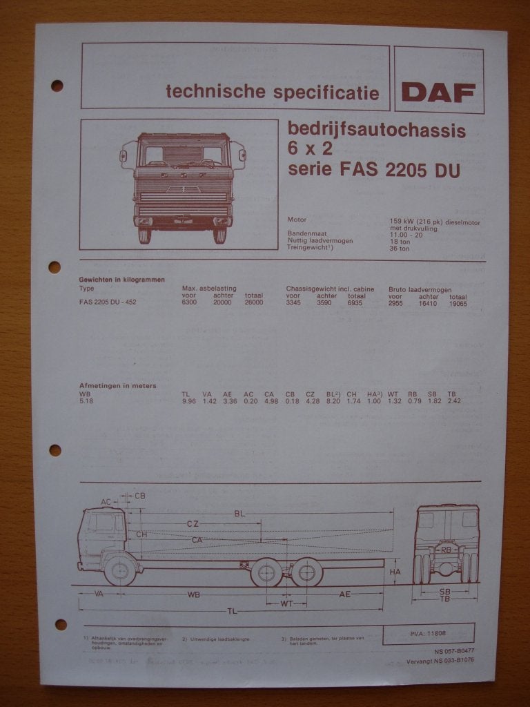 DAF FAS 2200 DU Technische Specificatie folder 1977 – 6x2, Ophalen of Verzenden, Zo goed als nieuw, Overige merken, DAF