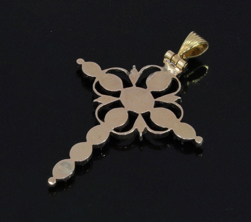 Grote diamanten antieke 14k kruis ketting hanger fraai, Ophalen of Verzenden, Goud, Hanger, Met edelsteen