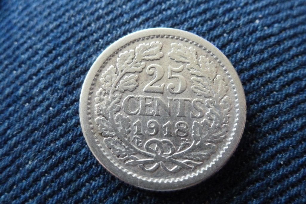 Wilhelmina - 25 cent zilver 1918 zf/zf+ (n 21, Zilver, 25 cent, Ophalen of Verzenden, Koningin Wilhelmina