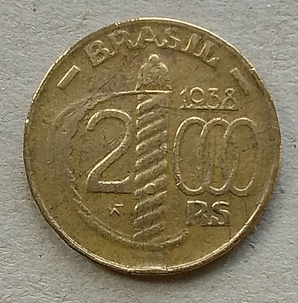 Brazilië, 2000 reis 1938. Gladde rand., Ophalen of Verzenden, Zuid-Amerika, Losse munt