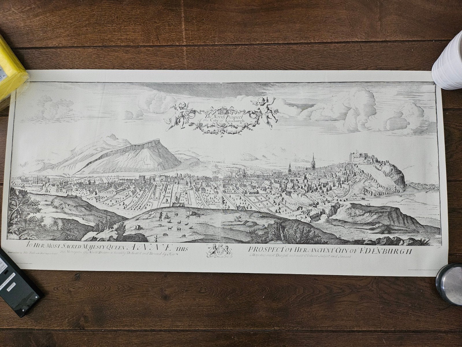 Antieke print: stadsgezicht van Edinburgh, 110 cm, Ophalen of Verzenden, Origineel, 51 cm