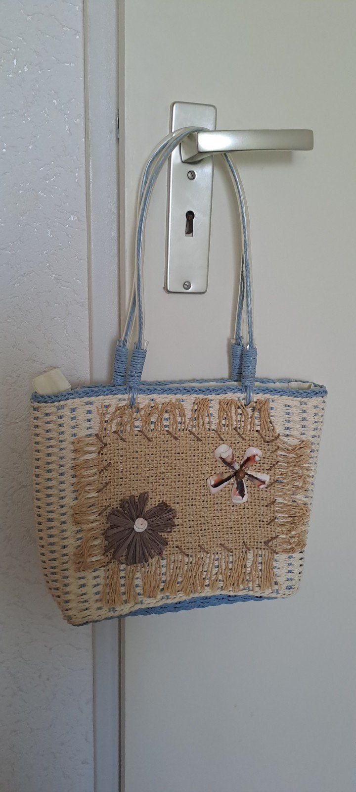 Rieten tasje met schelpen, 29cm., Ophalen of Verzenden