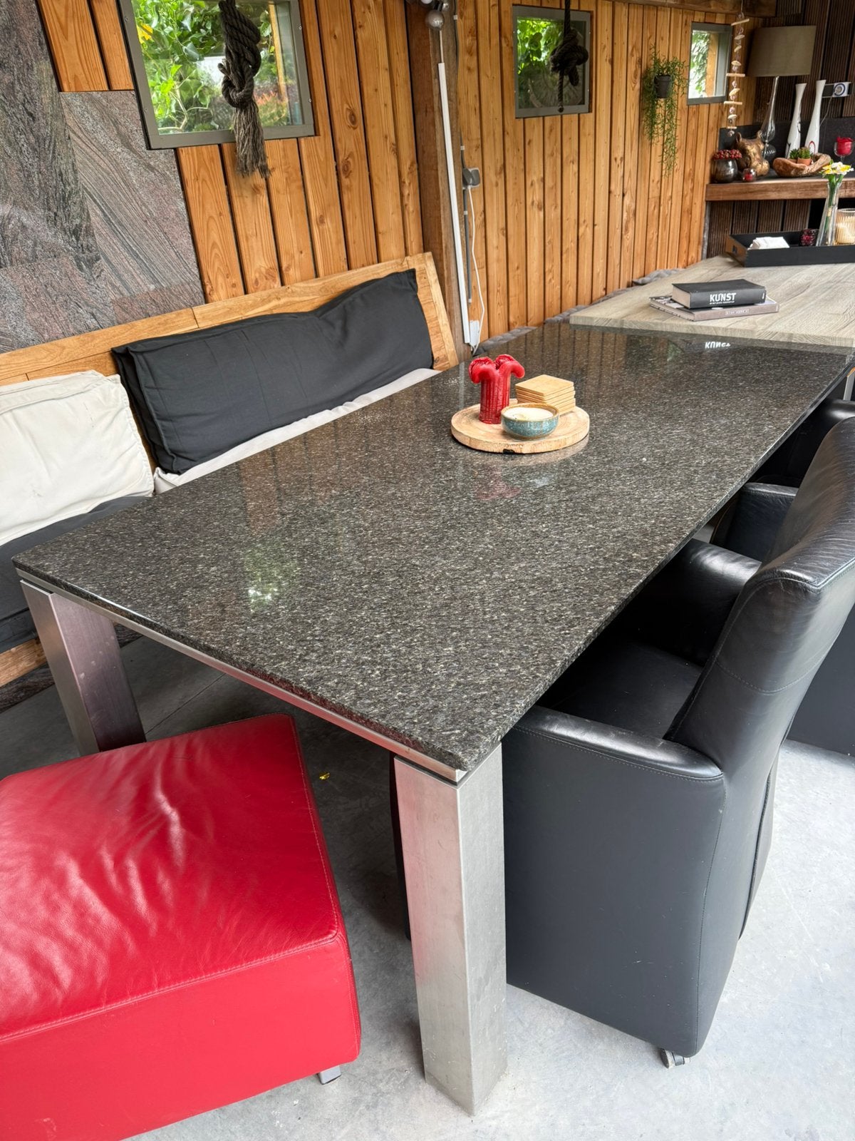 Echt stenen tafel met rvs 2m bij 1 m, Huis en Inrichting, Tafels | Eettafels, Ophalen, Zo goed als nieuw, Rechthoekig, 200 cm of meer