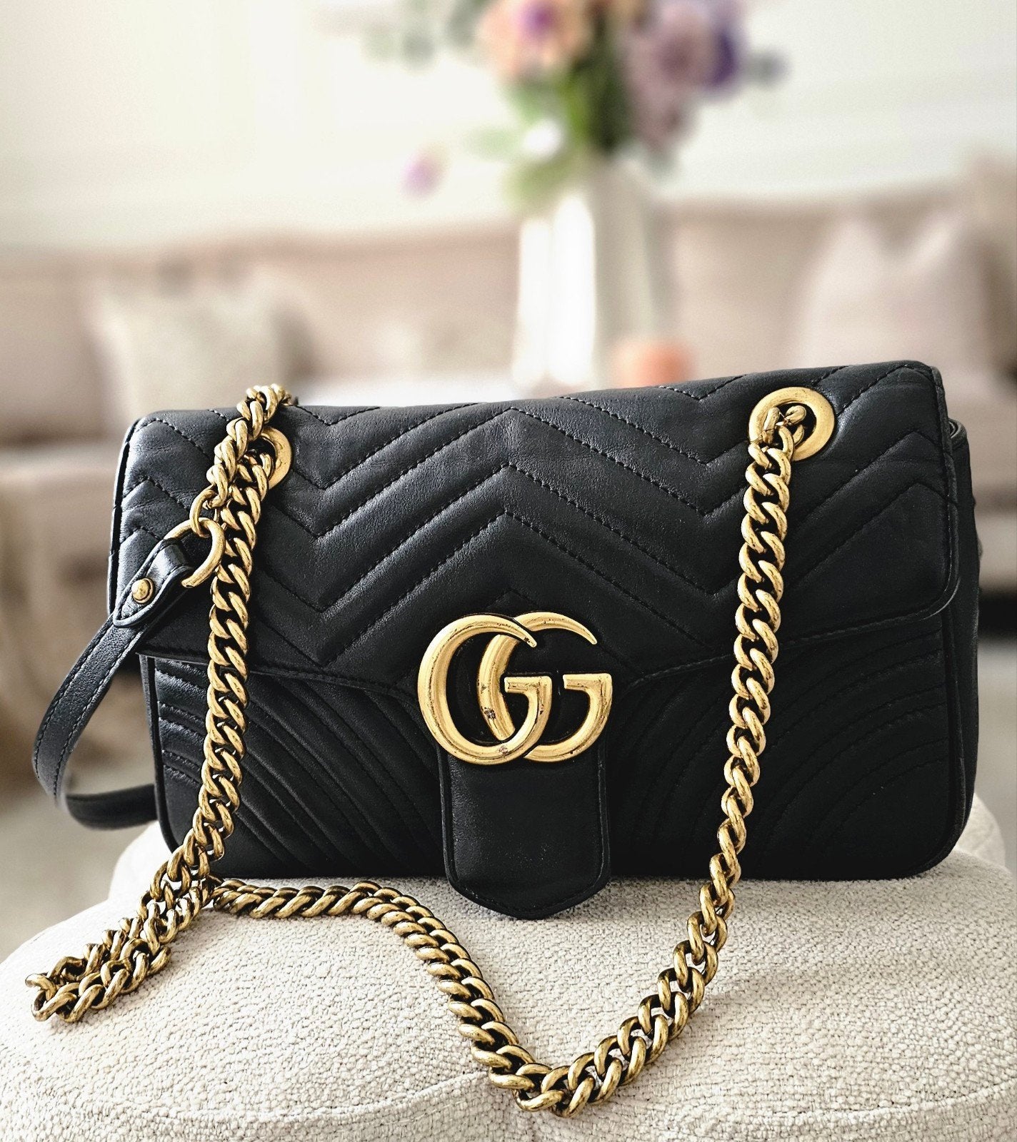Gucci Marmont Bag Black Leather GG – Medium, Ophalen of Verzenden, Zwart, Schoudertasje