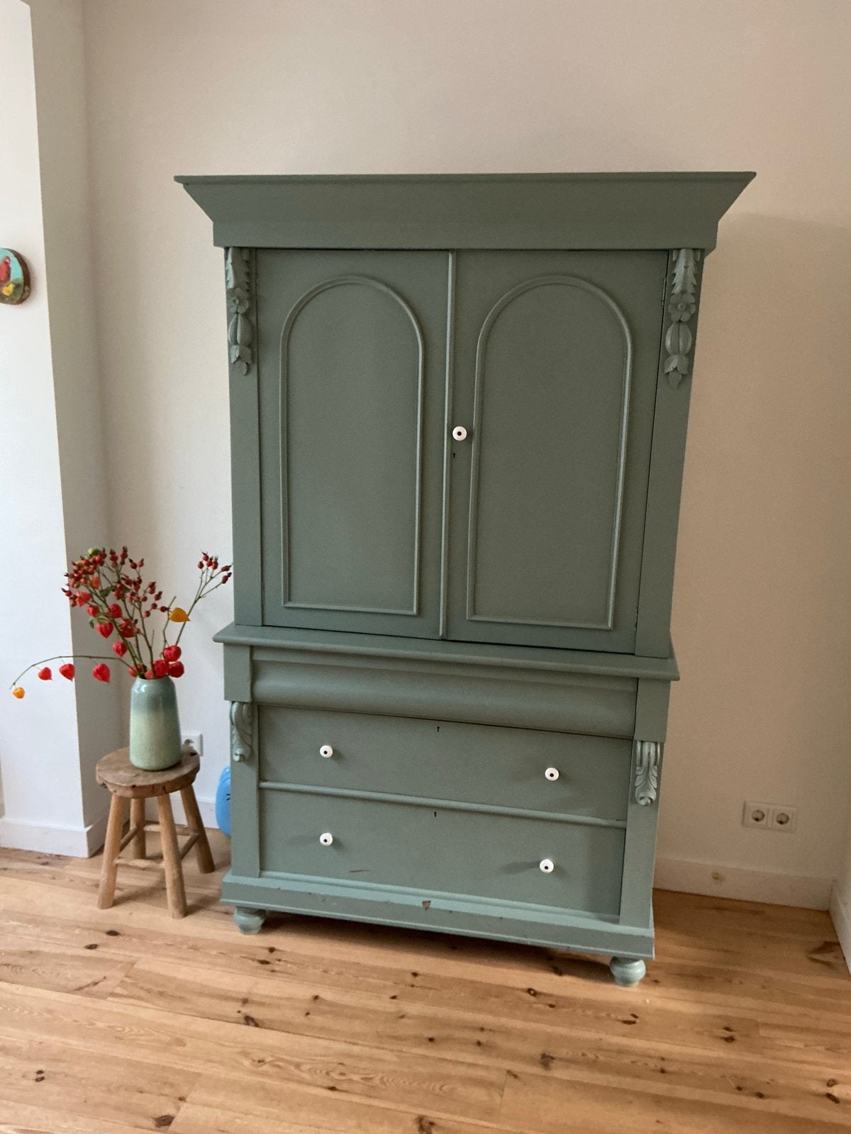 Antieke linnenkast/kledingkast - Zacht Groen / Turquoise, Antiek en Kunst, Ophalen