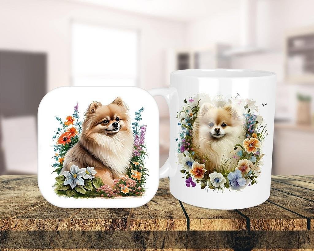 Pomeranian Aquarel set onderzetter + mok, Ophalen of Verzenden, Nieuw, Overige stijlen, Kop(pen) en/of Schotel(s)