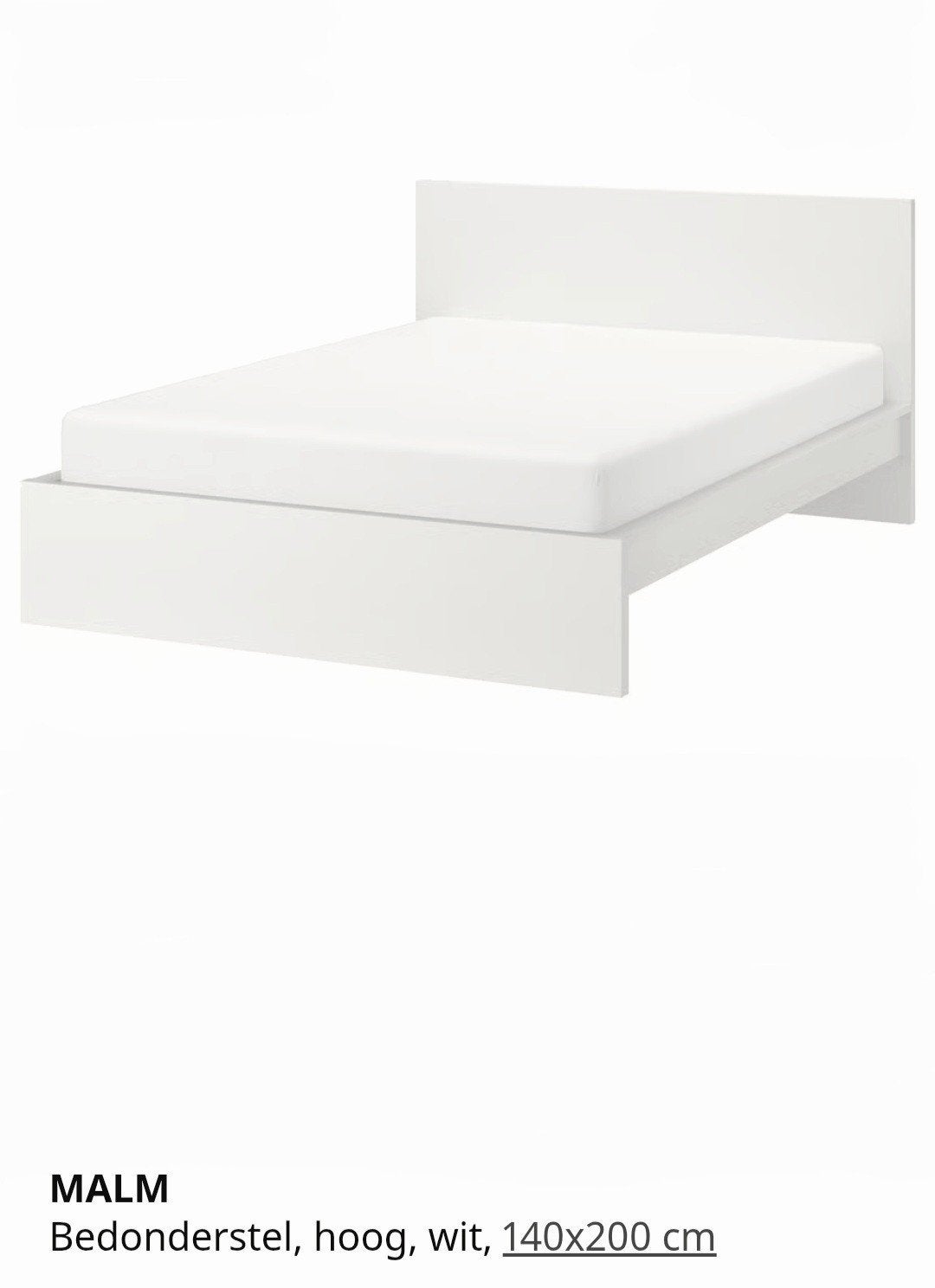Compleet IKEA MALM tweepersoonsbed 140x200cm, Ophalen, Overige materialen, Gebruikt, Wit