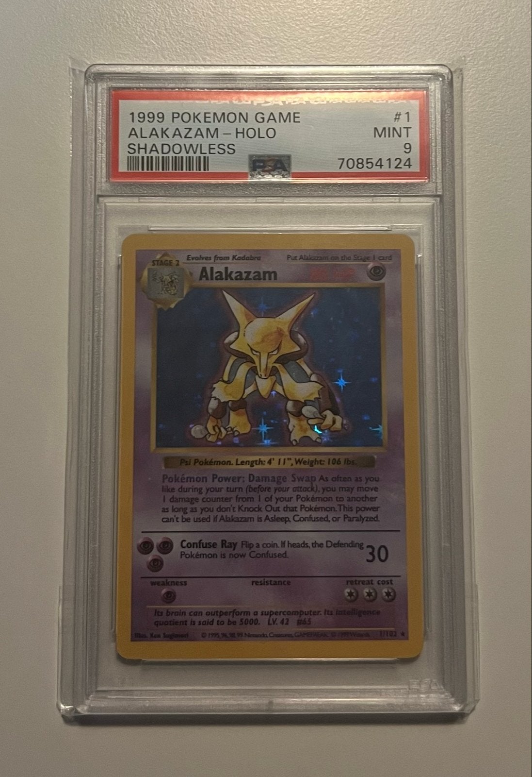 Alakazam 1/102 - Shadowless - Base Set - PSA 9, Ophalen of Verzenden, Zo goed als nieuw, Losse kaart