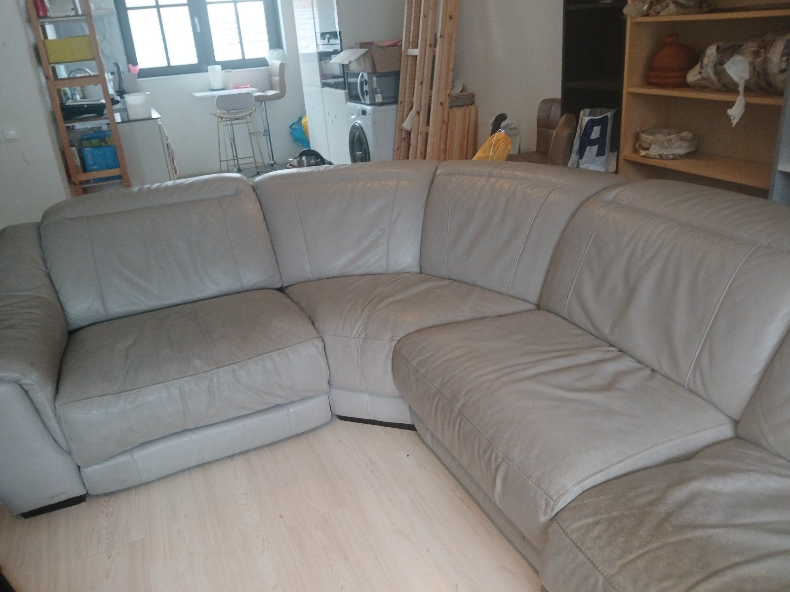 6-zits Leren Hoekbank met Relaxfunctie - Grijs, Gebruikt, 100 tot 125 cm, Hoekbank, 300 cm of meer