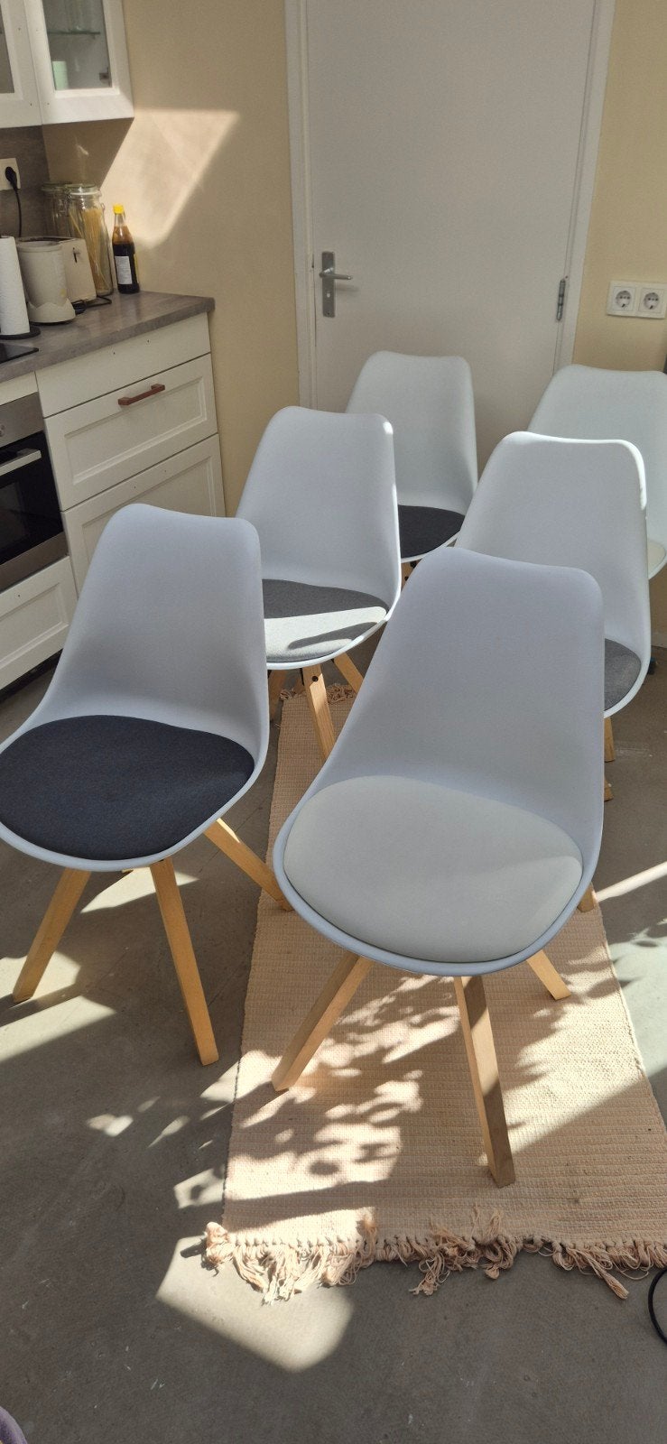 Set van 6 moderne eetkamerstoelen wit met grijs, Ophalen, Gebruikt, Wit, Hout