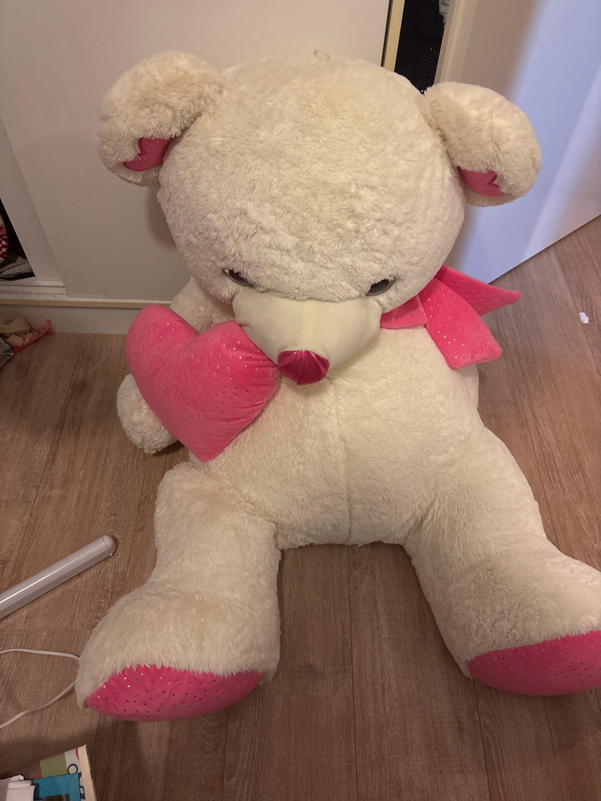 Grote knuffelbeer van de kermis, wit met roze hart, Beer, Ophalen of Verzenden, Zo goed als nieuw, Wit