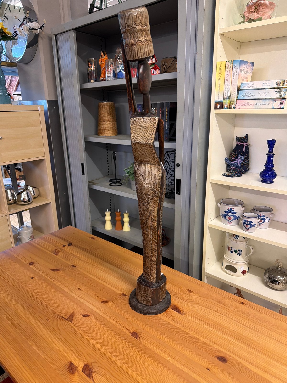 Houten Afrikaans Beeld - Vrouw met Mand op Hoofd, Ophalen, 50 - 100 cm, Handgemaakt, Beeld