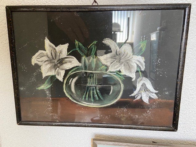 schilderij bloem in vaas pastelwerkje met lijst achter glas, Ophalen of Verzenden